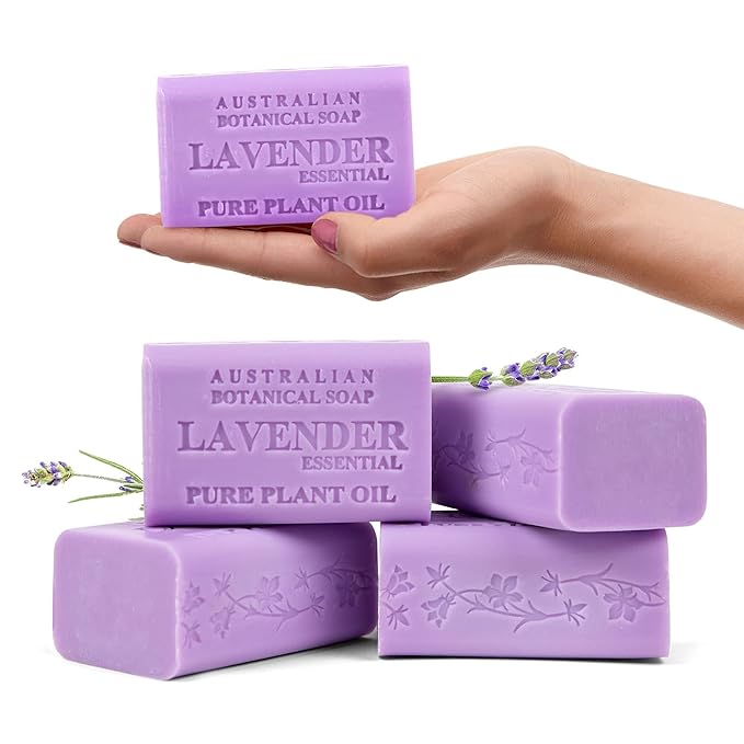 Australian Botanical Soap Lavender with Essential Oil – Triple Milled 6.6 oz Bar Soap with Shea Butter, Face Hand & Body Bars, Pack of 4