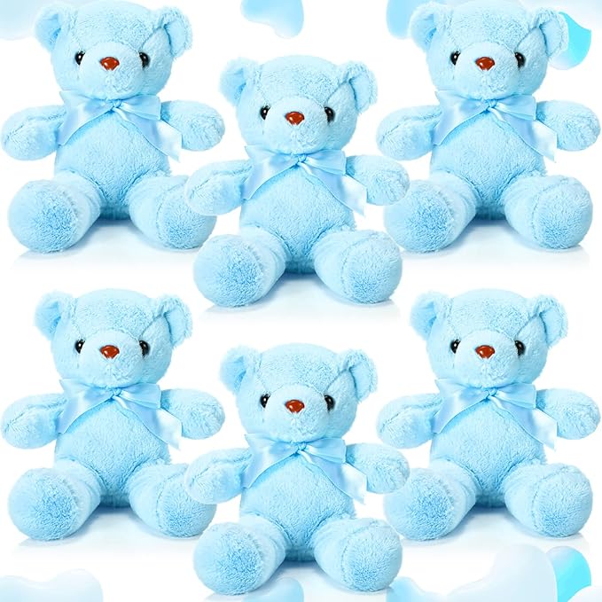 Aoriher 6 Pcs Bear Stuffed Animal Bulk Baby Shower Bear Plush Toys Soft Cute Sleeping and Playing Decorations for Kids Back to School Gift Baby Shower Birthday Party Favor(Blue)
