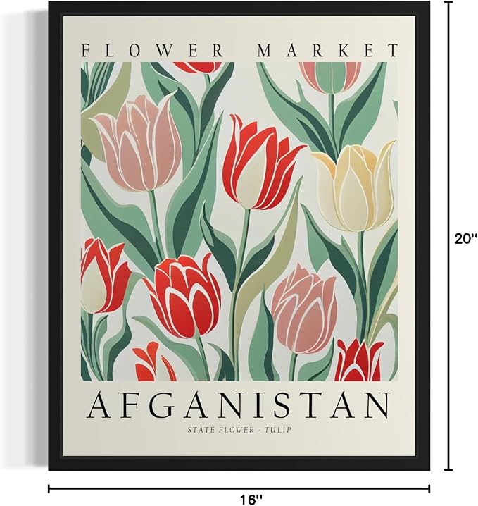 Afghanistan, Tulip Art Print Poster, Flower Market Wall Art, Floral Artwork Decor for Bedroom, Kitchen, Bathroom, Livingroom Decoration 52 (Afghanistan, Tulip, 20"L x 16"W, Unframed)
