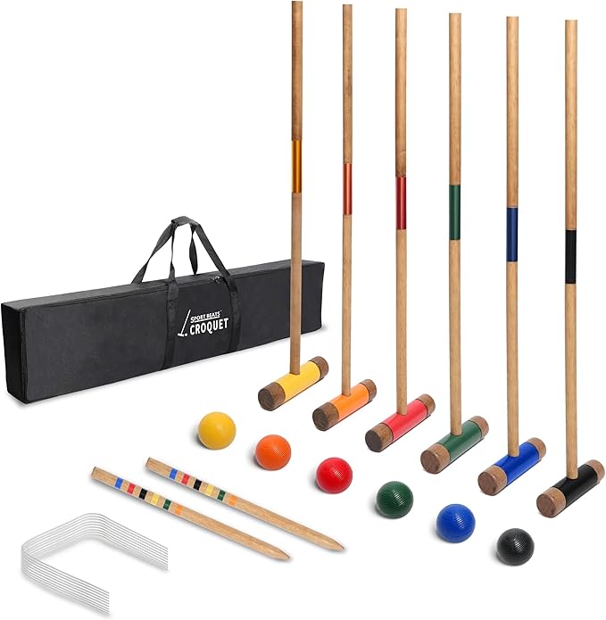 SPORT BEATS Six Player Croquet Set Solid RubberWood 32 Inch Mallets with Carry Case, Six Balls, Nine Wickets, 2 Stakes for Backyard Outdoor Games