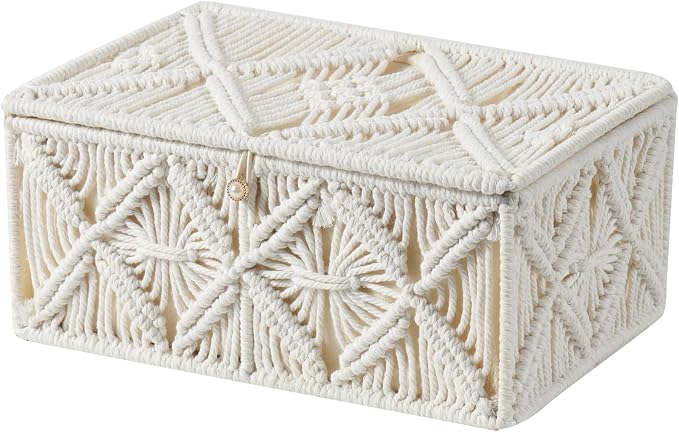 Decorative Boho Storage Baskets with Lid Natural Macrame Boxes | Handmade Cotton Rope Woven Bins, Shelf Desk Organizer Container for Jewelry Memory Keepsake Photo Makeup, Off White, Large