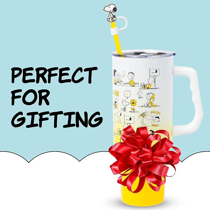Silver Buffalo Peanuts Iconic Scenes Charlie Brown, Snoopy, Woodstock, Lucy, Sally, Linus Double Walled Stainless Steel Tumbler with Handle, Straw, & Straw Cap, Fits in Standard Cup Holder, 40 Ounces