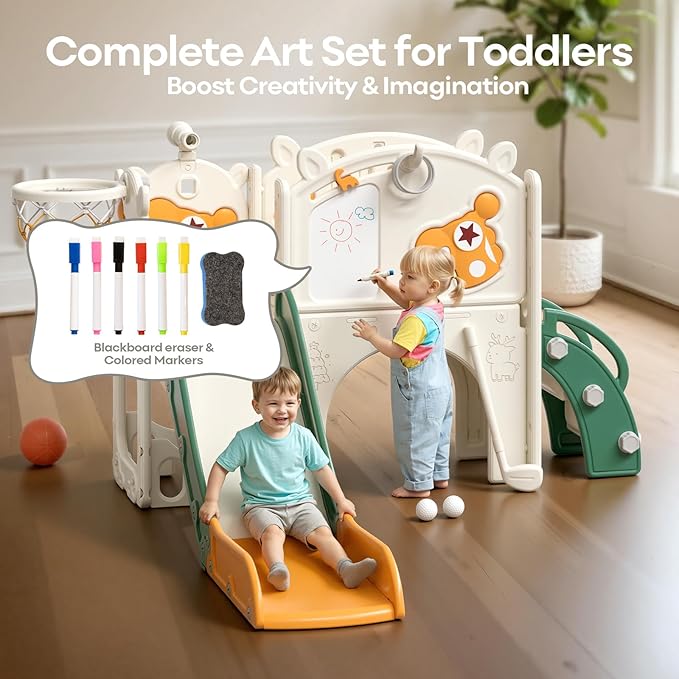 Mloong Toddler Slide for Kids - 10 in 1 Kids Slide for Toddlers Baby 1-3 Years Old, Indoor and Outdoor with Basketball Hoop Golf Drawing Set, Easy Assembly Elk Theme (Green)(54×62×39in)