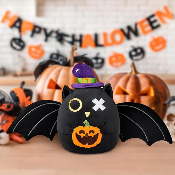 Halloween Black Bat Plush Pillow Toy, 10-inch Super Soft Cute Bat with Big Wings and Pumpkin Stuffed Animals for Kids Adult