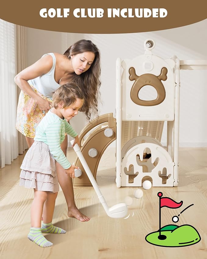 YUFU 7 in 1 Kids Slide for Toddlers, Toddler Slide Playset with Golf, Climber, Basketball Hoop and Ball, Indoor Outdoor Toddler Playground for Kids Age 1-3 (Brown)