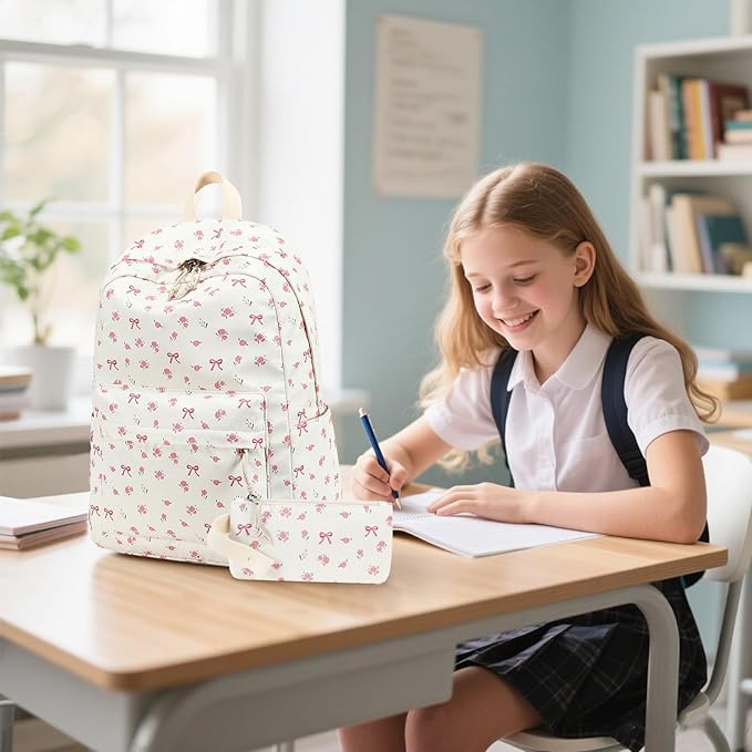 Bluboon Teen Girls School Backpack Kids Bookbag Set with Lunch Box Pencil Case Travel Laptop Backpack Casual Daypacks (Beige bow tie)