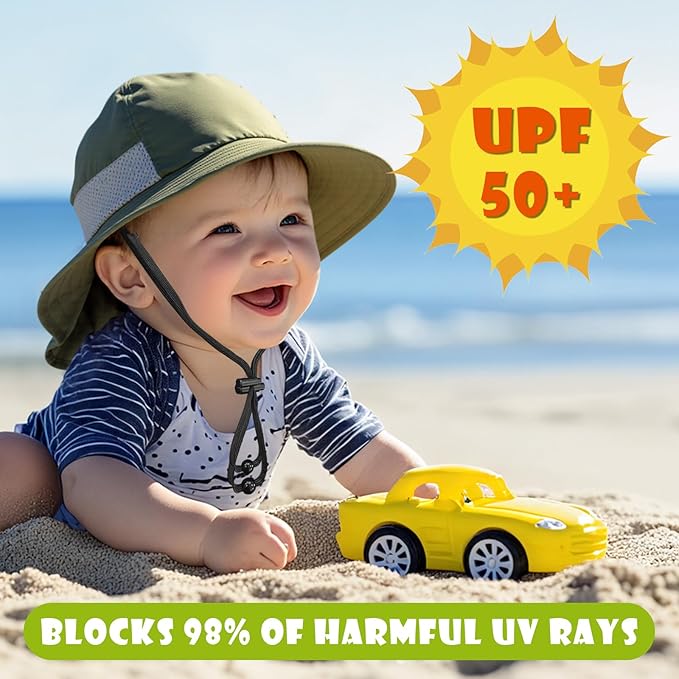 Toddler Baby Sun Hat Kids Summer Beach Essentials Adjustable Beach Hats with Bucket Wide Brim for Boys Girls Age 0-14 Years