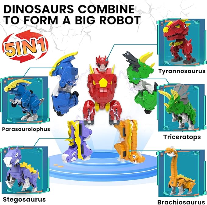 Robot Dinosaur Toys 5-in-1 Transforming Robot Including 5 Dinosaur Action Figures -Build & Combine into 8" Large Warrior with Weapon for 6 7 8 9 Year Old Boys