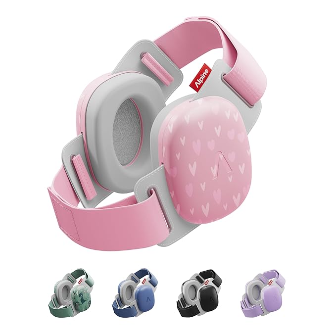 Alpine Muffy Baby Comfort - Protects Hearing for Babies and Toddlers - CE & ANSI Certified - Headband for Safe fit & Comfort - Adjustable for Ages 3-48 Months - 24dB Sound Reduction, Hearts