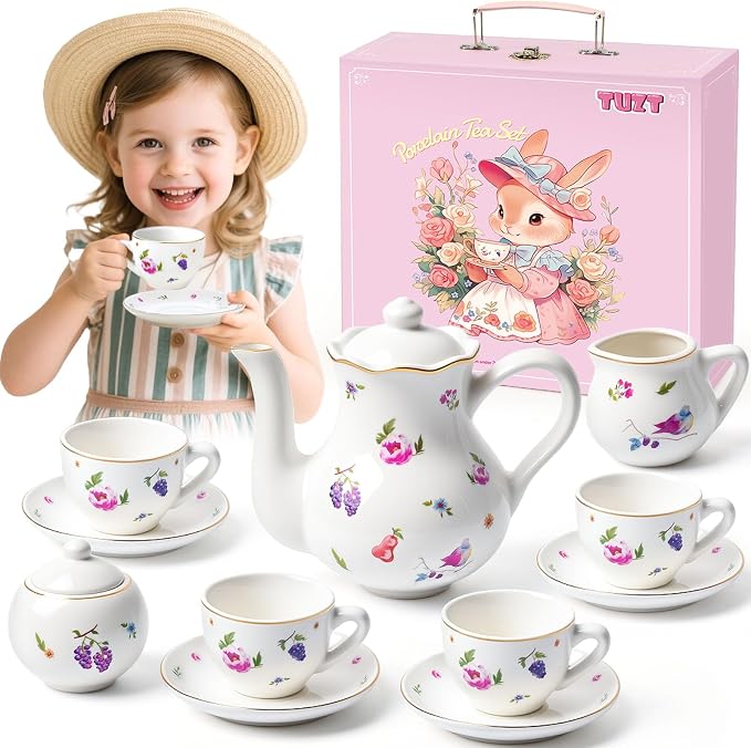 TUZT Tea Party Set for Little Girls Ages 3-8, White Floral Porcelain Tea Set with Gold Trim Edges, Princess Tea Time Toy Includes Pot & Cups & Saucers & Suitcase, Birthday Gifts for Toddlers Girls