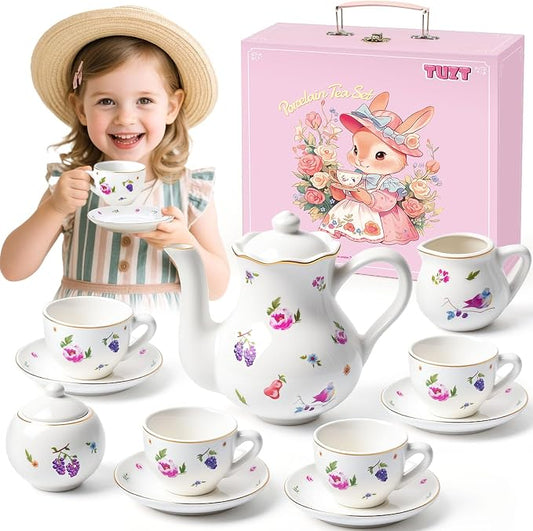 TUZT Tea Party Set for Little Girls Ages 3-8, White Floral Porcelain Tea Set with Gold Trim Edges, Princess Tea Time Toy Includes Pot & Cups & Saucers & Suitcase, Birthday Gifts for Toddlers Girls