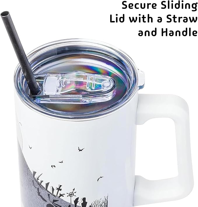 Silver Buffalo Disney Nightmare Before Christmas by Tim Burton Jack Skellington Hill and Moon Double Walled Stainless Steel Tumbler with Handle and Straw, Fits in Standard Cup Holder, 40 Ounces