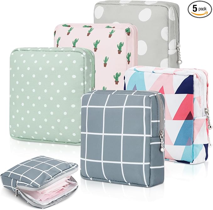 RETON 5 Pcs Sanitary Napkin Storage Bag, Portable Period Bag Period Pouch for Panty Liners Tampons Sanitary Pads, Menstrual Pad Bag Feminine Menstruation First Period Bags for Young Girls Women