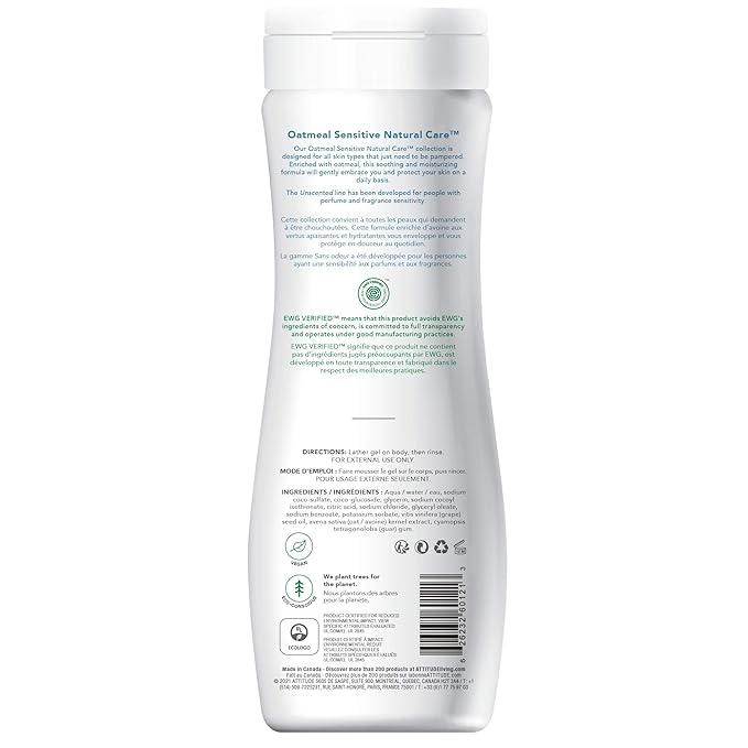 ATTITUDE Body Wash for Sensitive Skin with Oat, EWG Verified, Dermatologically Tested, Vegan, Extra Gentle, Unscented, 16 Fl Oz (Pack of 2)