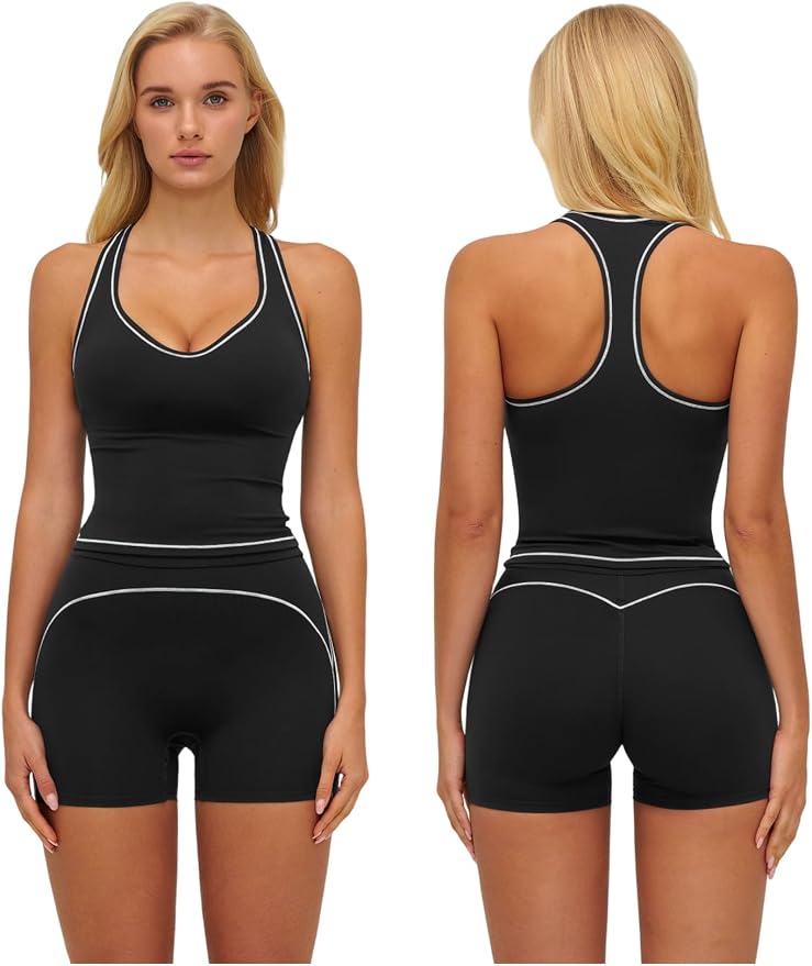 QBGJTD Two Piece Workout Sets for Women Color Block Racerback Tank Tops and High Waist Shorts Gym Yoga Outfits