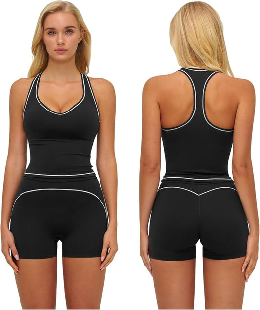 QBGJTD Two Piece Workout Sets for Women Color Block Racerback Tank Tops and High Waist Shorts Gym Yoga Outfits