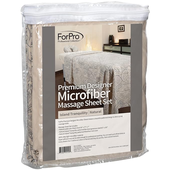 ForPro Premium Designer Microfiber 3-Piece Massage Sheet Set, Island Tranquility, Stain and Wrinkle-Resistant, Includes Massage Flat Sheet, Fitted Sheet and Face Rest Cover, Natural, 36" x 77" x 7"
