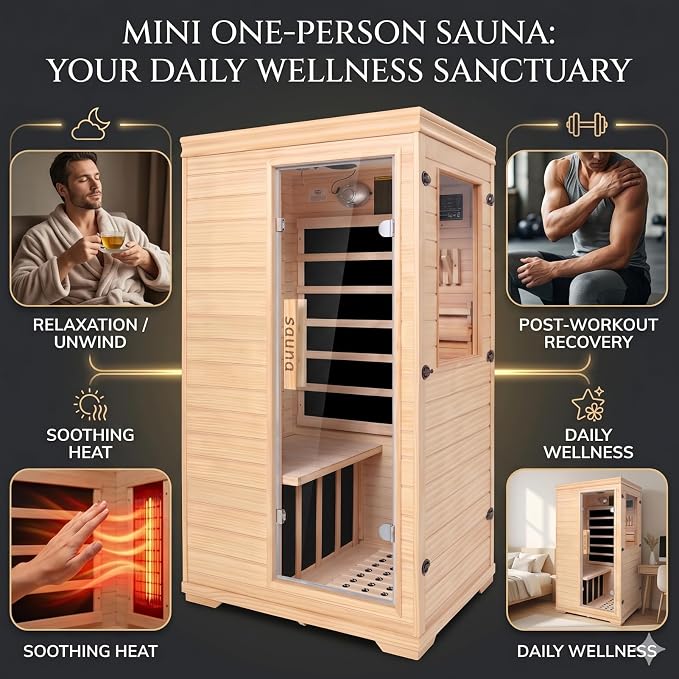 Far Infrared Home Sauna for 1 Person |1050W Low-EMF Sauna Room with Bluetooth Valentine's Day Gift for Her/Him, Wife, Husband, Couples | Canadian Hemlock Wood Indoor Spa for Bedroom, Gym, Basement