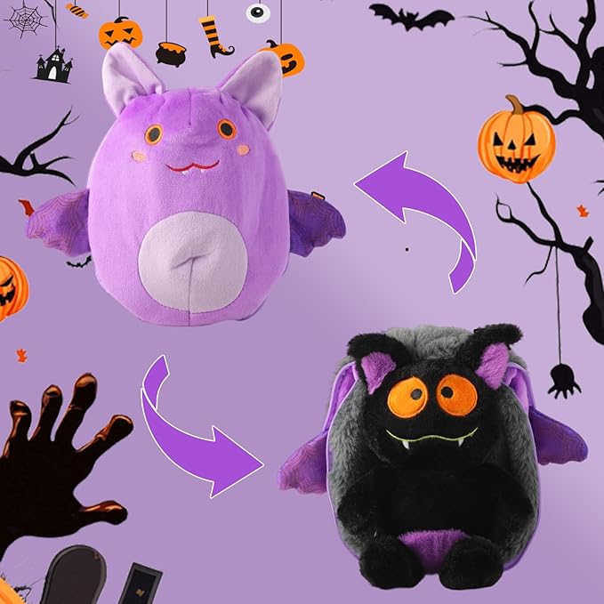 Halloween Reversible Plush Toy - Adorable Bat Stuffed Animal, Zipper Changeable, Fun for Kids, Boys, Girls, Girlfriends (Halloween Bat)
