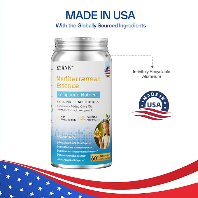 9-in-1 Mediterranean Metabolic Health Olive Leaf Extract Supplement(25% Hydroxytyrosol), USA Made, Antioxidant Supplement for Immune Sleep & Mood Support- 60 Capsules