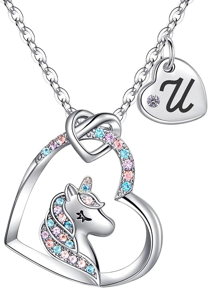 Valentines Day Gifts for Kids Girls - Unicorn Necklace for Girls with Initial Heart Pendant & Gift Box, 18K Gold Fashion Kids Jewelry, Colorful Heart Necklace for Birthdays & Costume Parties.