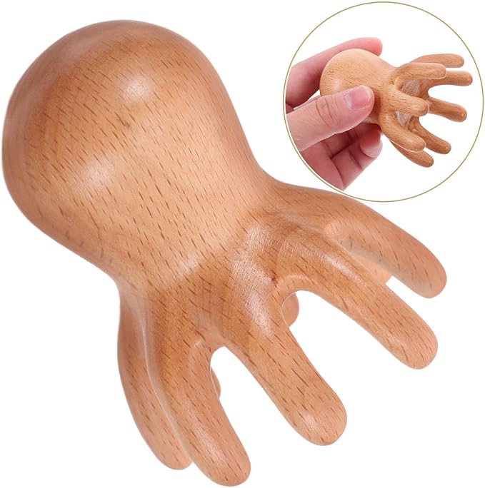 ERINGOGO Octopus Scalp Massager Comb, Beech Wood Massage Tool for Deep Scalp and Head Relaxation, Portable Manual Hair Brush Massager for Office and Travel Use