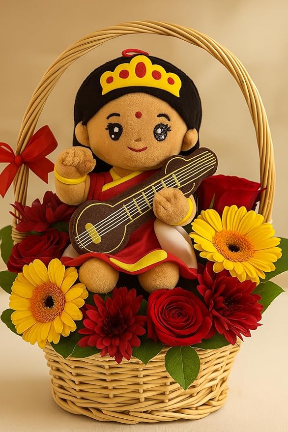 MODI TOYS Saraswati Devi Mantra Singing Plush (Small 7 inch) | Ideal for Newborns, Infants, Toddlers, Grandparents | Best for Diwali, Baby Shower, Birthday, Raksha Bandhan, Housewarming