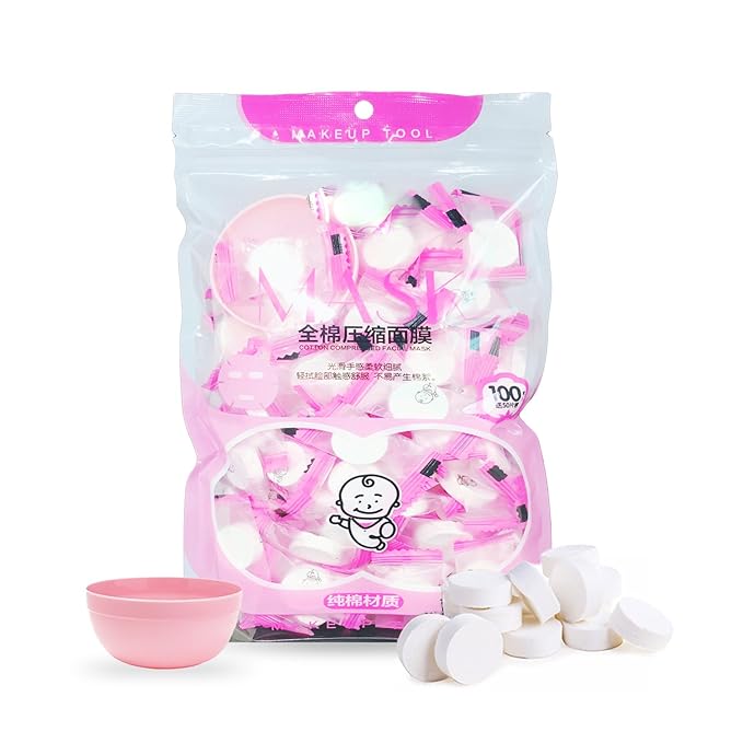 100 pcs Compressed Facial Mask Sheet Beauty DIY Disposable Mask Paper Natural Cotton Skin Care Wrapped Masks Normal Thick，Get a Small Mask Bowl Free