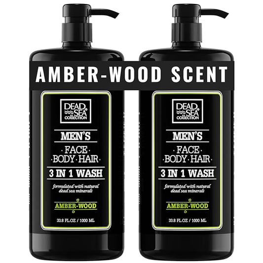 Dead Sea Collection Amber Wood Men’s Body Wash – 3 in 1 Body Wash for Men for Hair, Face & Body – Moisturizing Shower Gel with Dead Sea Minerals – Pack of 2 (33.8 fl oz each)