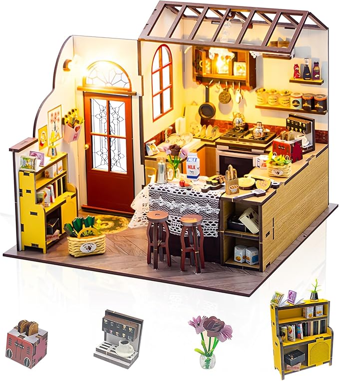 Foyucool DIY Miniature House Kit, Dollhouse Kit with LED Light, Mini House Building Kits for for Adult to Building, Christmas Home Decorations Gifts for Family and Friends, Kitchen
