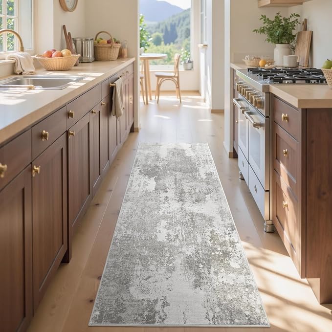 2x6 Ft Washable Runner Rug, Non-Slip Low Pile Hallway Kitchen Area Rug, Soft Long Entryway Floor Mat Abstract Pattern Carpet for Bedside & High-Traffic Areas (Light Grey)