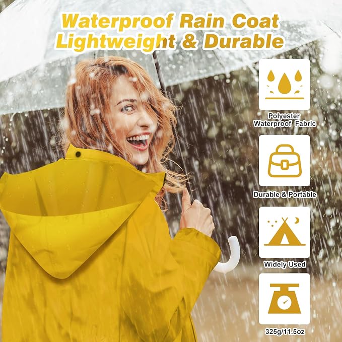 LAMA Womens Long Raincoats Rain Jacket Waterproof Packable Hooded Windbreaker Lightweight Adjustable Waist for Outdoor