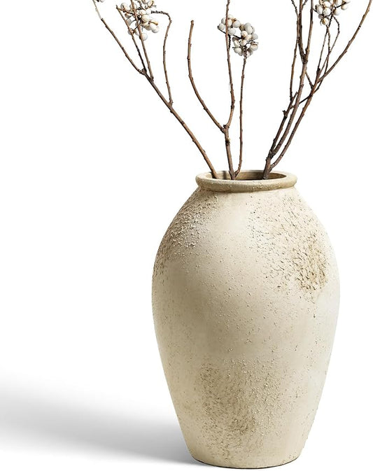 LE TAUCI Ceramic Vase, 11.5 Inch Large Rustic Farmhouse Vase, Tall Vase for Home Decor, Living Room Table & Mantel Centerpiece, Watertight & Sturdy, Matte Sandy Beige White