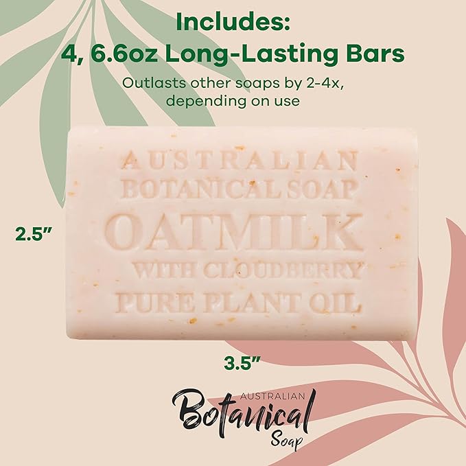 Australian Botanical Soap Oat Milk with Cloudberry – Triple Milled 6.6 oz Bar Soap with Shea Butter, Face Hand & Body Soap Bars, Pack of 4