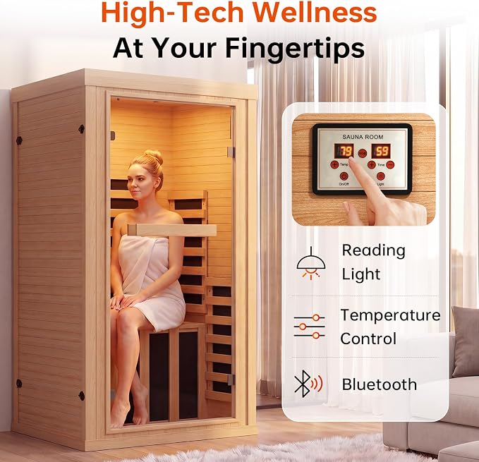 1 Person Infrared Dry Sauna, Canadian Hemlock Wood Indoor Home Spa Sauna Room, Integrated Speakers, Tempered Glass Door & Control Panel, 149℉ Maximum Heating, Size 32.3" x 32.3" x 61.6"