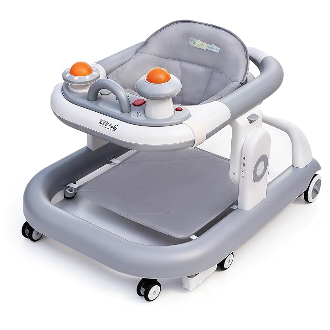 5-in-1 Baby Walker with Wheels Foldable Height-Adjustable Walker for Baby Boy 6-12 Months with Feeding Tray Multi-Functional Activity Center Battery-Free Function (Grey)