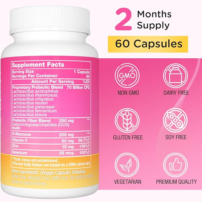 70 Billion CFUs Vaginal Probiotics, PH Balance with Probiotic & Prebiotic & D-Mannose, Women Probioticos for Odor & Flora, Yeast, vag, Urinary Health, GMO-Free, 60 Days Supply