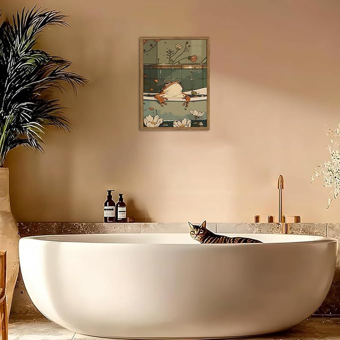 Funny Japanese Frog Bathroom Wall Art Whimsical Frog in Bathtub Wall Decor Painting Cute Animal Bathroom Poster Canvas Print Picture 16x24 inch Wood Framed