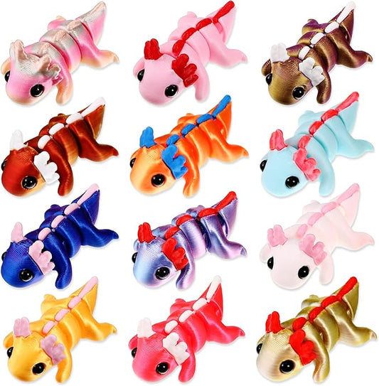 Honoson 12 Pcs 3D Printed Fidget Toy 3D Printed Axolotl Small Animal Toy Flexible Cute Articulating Pet Stress Relief Fidget Toys for Play and Display(5cm)