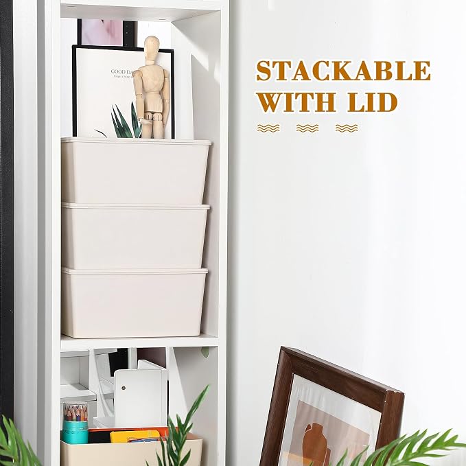 4 Pcs Storage Bins with Lids Plastic Stackable Containers for Classroom Room Organizing Shelves Christmas Ornament Box Baskets(Beige,Large)
