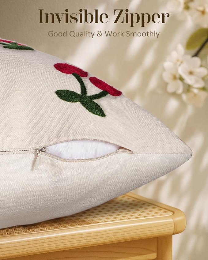 Embroidered Throw Pillow Cover 18x18 Inch, Little Cherry | Decorative Pillow Cover, Vintage Cottagecore Cushion Case with Hidden Zipper, Decor for Couch, Sofa, Living Room, Bedroom