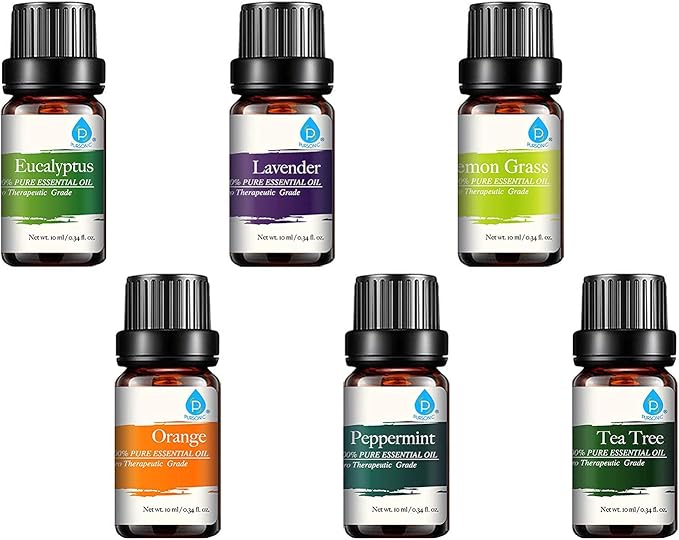 Pursonic Essential Oils Set - Top 6 Aromatherapy Blends Gift Set - 10ml 100% Pure Essential Oils for Diffusers, Home, Massage, & Bath (Eucalyptus,Lavender,Lemongrass,Orange,Peppermint,Tea Tree)