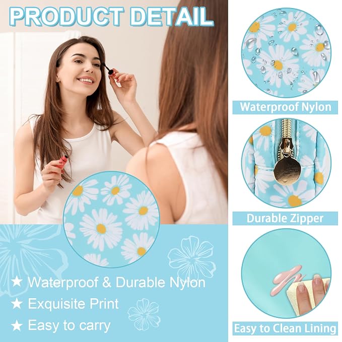 UIXIZQ Waterproof Mini Floral Makeup Bag Pouch for Purse,Nylon Flower Cosmetic Travel Bag Small Preppy Toiletry Organizers Bag for Women Girl,Cute Zipper Pouch Coin Purse for Work(Mini Blue-Daisy)