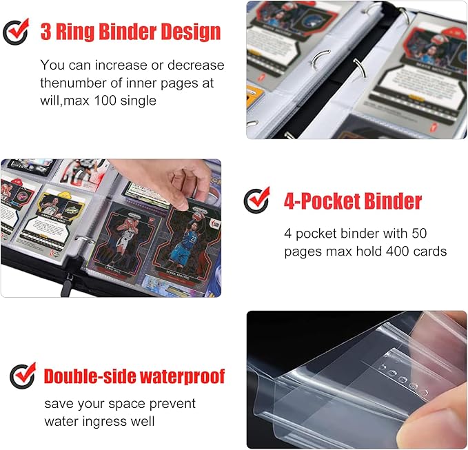 Basketball Trading Card Binder,4 Pocket with 50 Sleeves up to 400 Cards Basketball Binder,Portable Waterproof Storage Book with Sleeves for Basketball Cards Collection