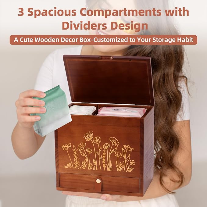 2-Layer Solid Wood Tampon Box Storage Organizer, 100% Wood Bathroom Feminine Accessories Holder with Drawer, Dual-Compartment Holder for Pads, Tampons, & Liners, Gold Floral, Gifts for Women