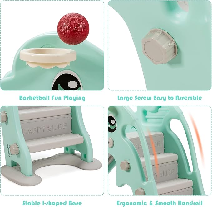 BABY JOY Toddler Slide, Kids Large Slide Play Climber Set with Long Slipping Slope, Basketball Hoop and Ball, Enclosed Steps, Easy Assemble Indoor Outdoor Backyard Freestanding Slides for Kids Age 1-8