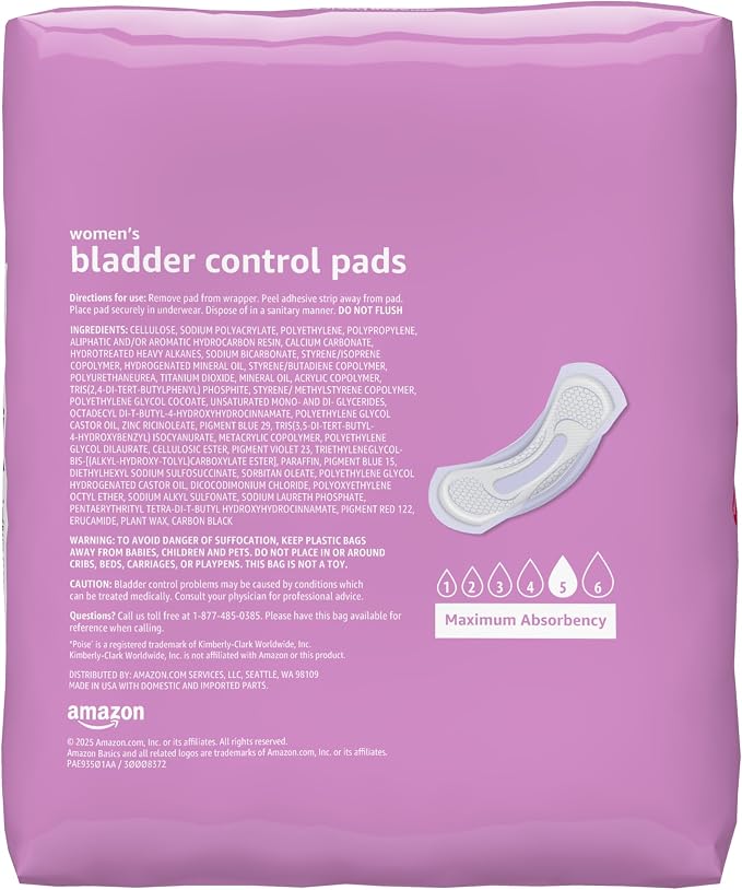 Amazon Basics Incontinence Pads for Women, Postpartum, Long, Maximum Absorbency, Bladder Control, Unscented, 39 Count