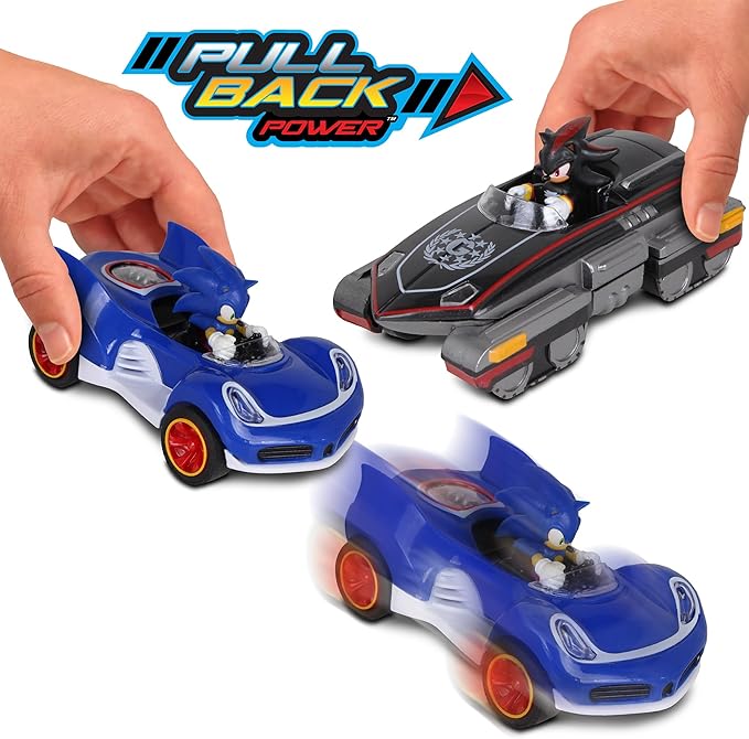 NKOK Sonic Transformed All-Stars Racing Pull Back Action: Shadow and Sonic Hedgehog, Two Vehicles, Video Game Legends, No Batteries Required, Pull Back – Release - and Watch it go