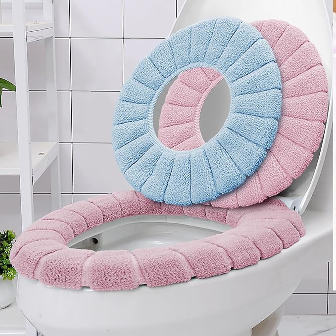 2 PCS Soft Thicker Plush Bathroom Toilet Seat Cover Pads Stretchable Washable Cloth Design for Universal Fit O/U/V/Rectangular Toilets (Blue)