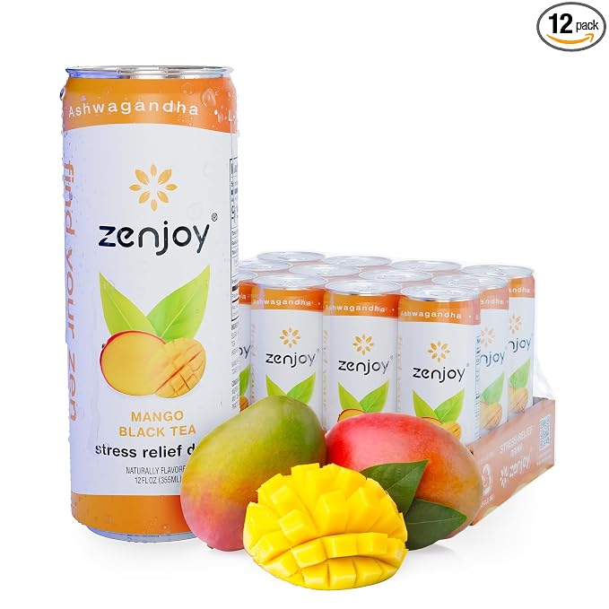 Zenjoy Adaptogen Drink Stress Relief Tea | Non Alcoholic Calming Drink w/Ashwagandha, Lemon Balm & L-Theanine for Focus | Stress Tea Calming Social Mocktail with Adaptogens (12 Pack, Mango)